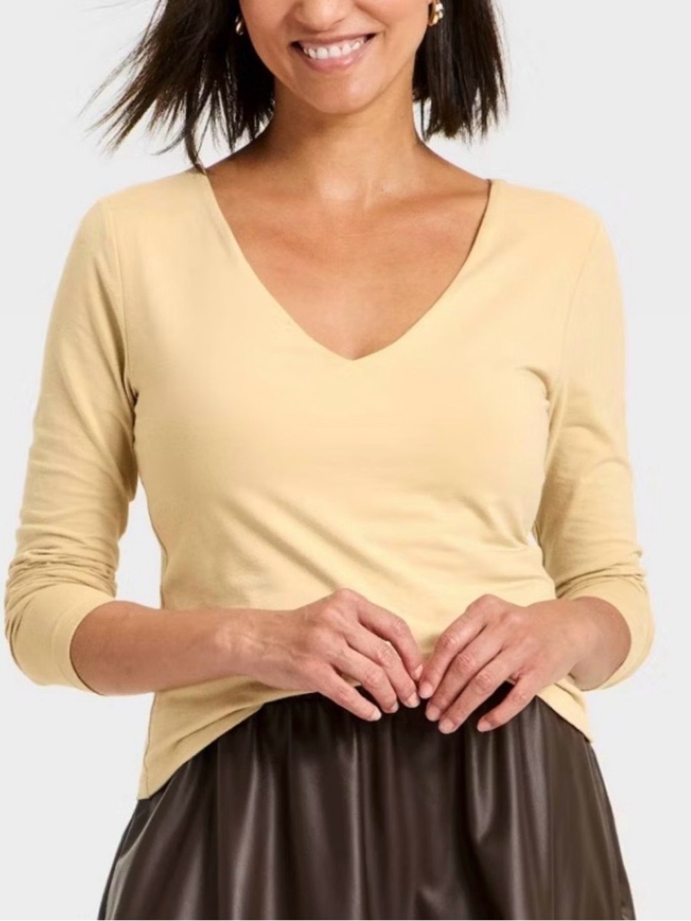 A New Day Women Soft Cotton V-neck long sleeve tops in Tan NWT